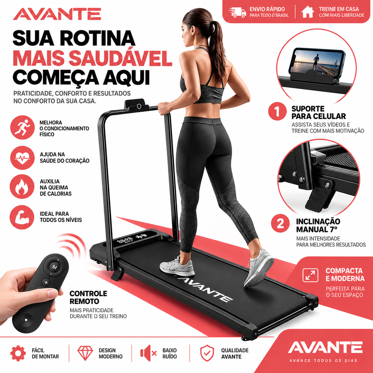 Kit Esteira Elétrica Avante FitRun Pro – Caminhada e Corrida em Casa + Controle Remoto + Suporte para Celular