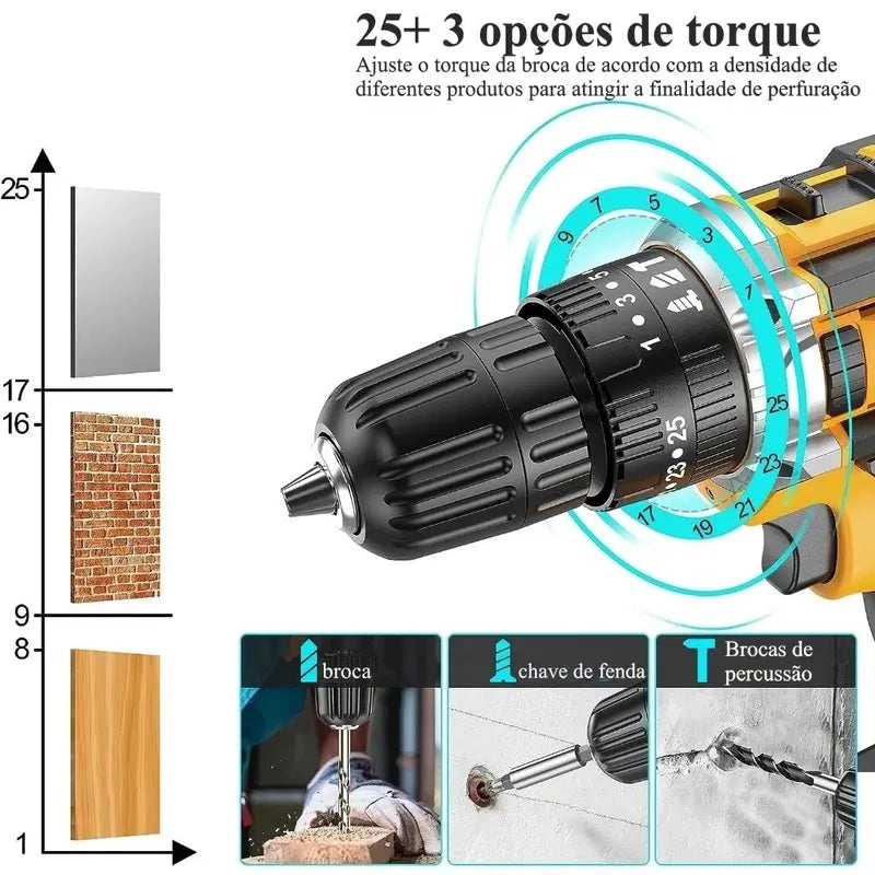 Parafusadeira Furadeira 48V 2 Baterias C/Maleta e Acessórios Completo + BRINDE EXCLUSIVO