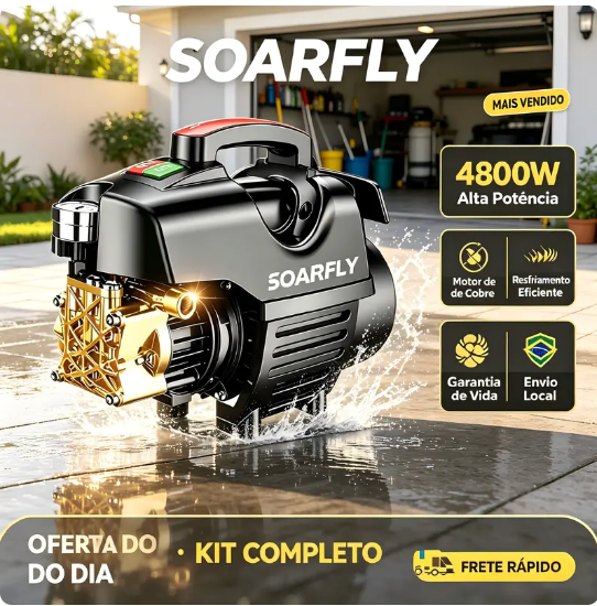 Kit Soarfly Lavadora De Alta Pressão - Motor por Indução de 4800w - 245bar Preto 127v ou 220v 60hz | Vazão 8,8 L/min | Alcance de 10 metros + brindes