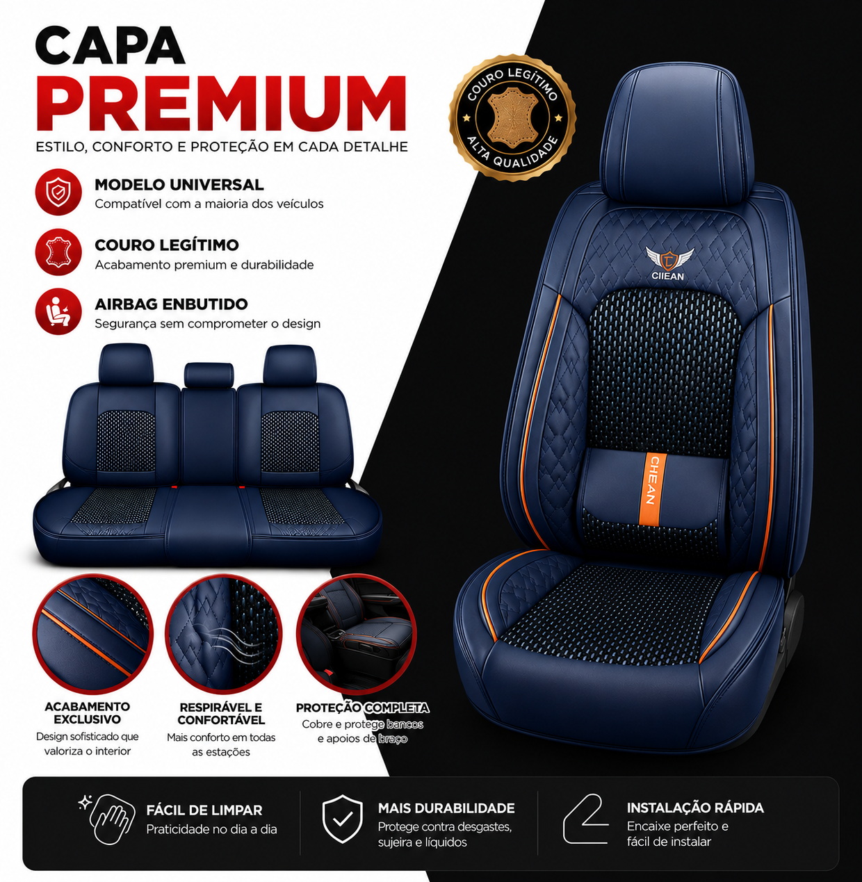 Kit Capa Banco de Carro Completo em Couro Legítimo Italiano + BRINDE: Kit Tapete Completo (SERVE EM TODOS OS CARROS))