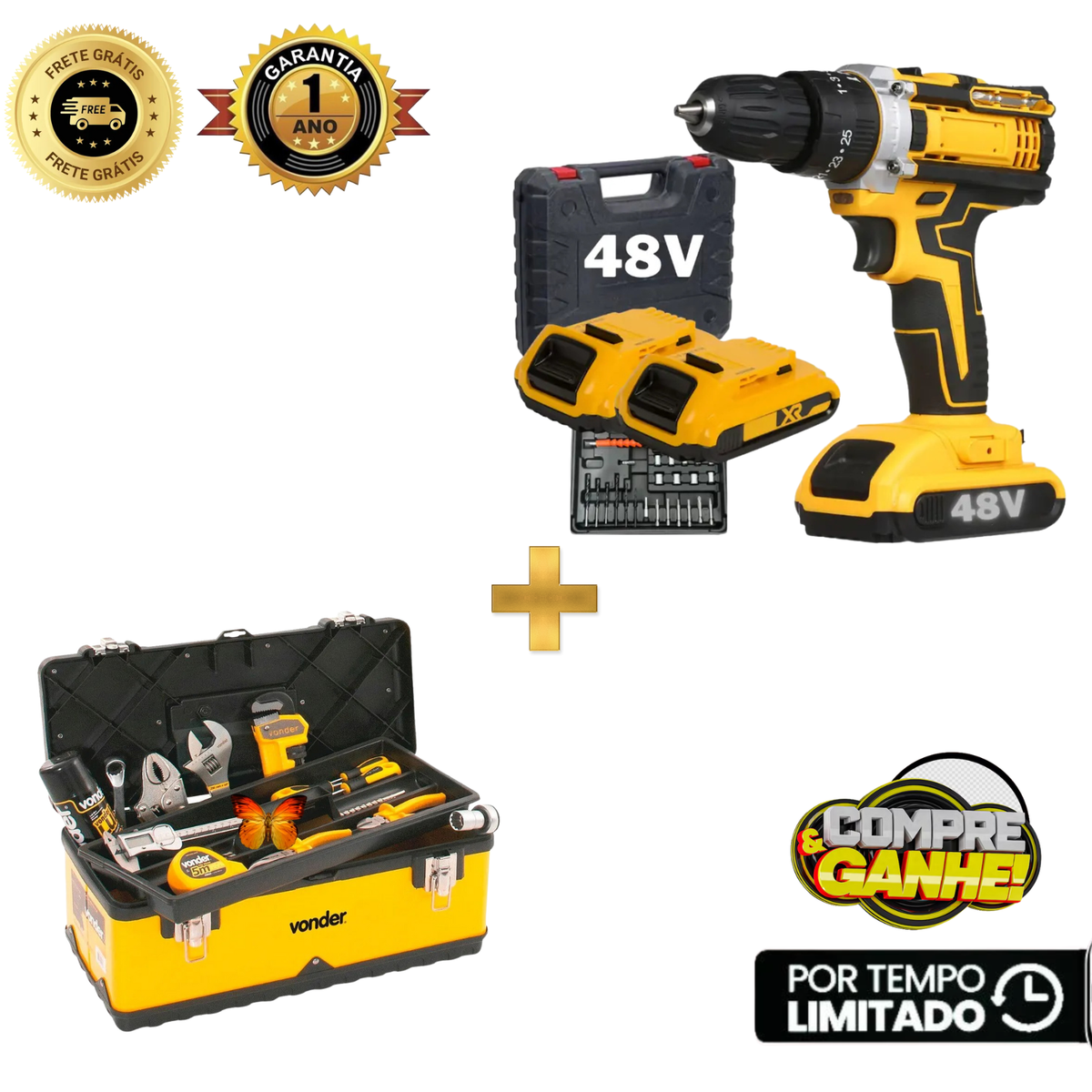 Parafusadeira Furadeira 48V 2 Baterias C/Maleta e Acessórios Completo + BRINDE EXCLUSIVO
