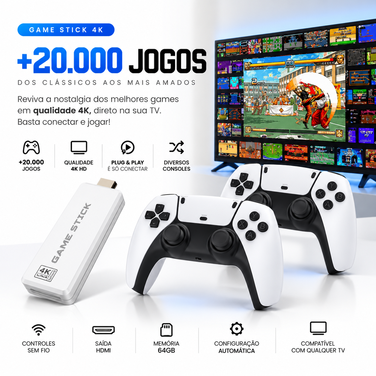 🔥 Mega Promo Console Game Stick M15 Pro 4K 3D 64GB 20mil jogos R36S K5 X12 - Branco 🔥