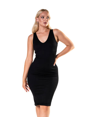 Vestido midi sem costura com decote em V profundo